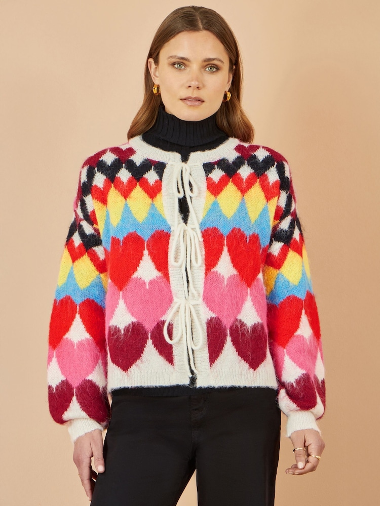 Yumi Cream Tie Front Heart Intarsia Cardigan - Image 1 of 5 Yumi Cream Tie Front Heart Intarsia Cardigan - Image 1 of 5