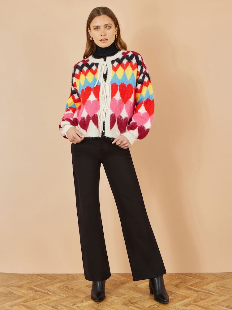 Yumi Cream Tie Front Heart Intarsia Cardigan - Image 2 of 5 Yumi Cream Tie Front Heart Intarsia Cardigan - Image 2 of 5