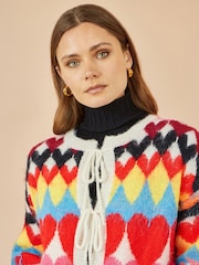 Yumi Cream Tie Front Heart Intarsia Cardigan - Image 3 of 5