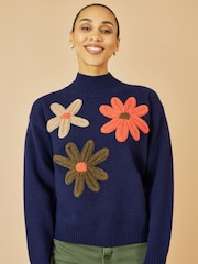 Yumi Blue Knitted High Neck Jumper With Appliqué Flowers - Image 1 of 5