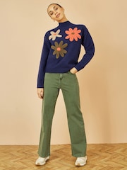 Yumi Blue Knitted High Neck Jumper With Appliqué Flowers - Image 2 of 5