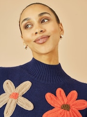 Yumi Blue Knitted High Neck Jumper With Appliqué Flowers - Image 3 of 5