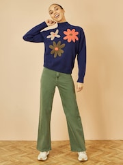 Yumi Blue Knitted High Neck Jumper With Appliqué Flowers - Image 4 of 5