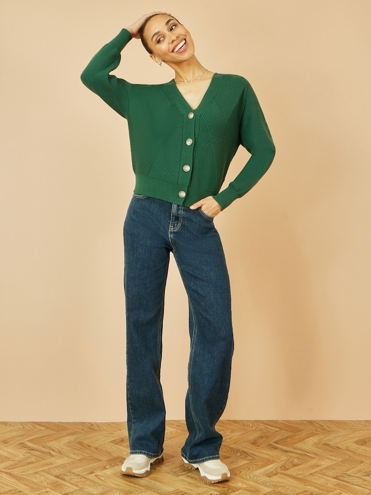 Yumi Green Relaxed Fit Cardigan With Stitch Detail - Image 2 of 4 Yumi Green Relaxed Fit Cardigan With Stitch Detail - Image 2 of 4