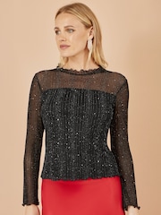 Yumi Black Sparkle Print Mesh Stretch Fitted Top - Image 1 of 3
