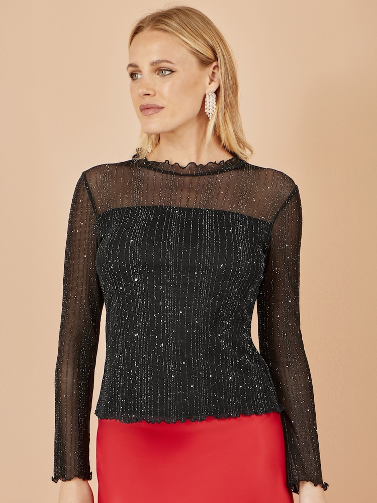 Yumi Black Sparkle Print Mesh Stretch Fitted Top - Image 1 of 3