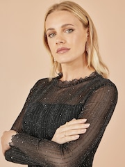 Yumi Black Sparkle Print Mesh Stretch Fitted Top - Image 3 of 3