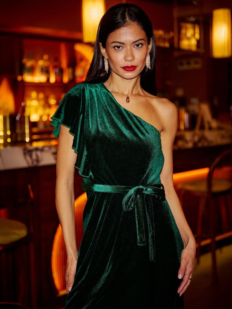 Yumi Green Velvet Frill One Shoulder Midi Dress With Split Hem - Image 5 of 5