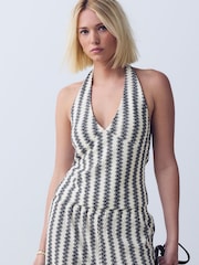 Black/Ecru Stripe Knitlook Sleeveless Halter Neck Top - Image 5 of 8