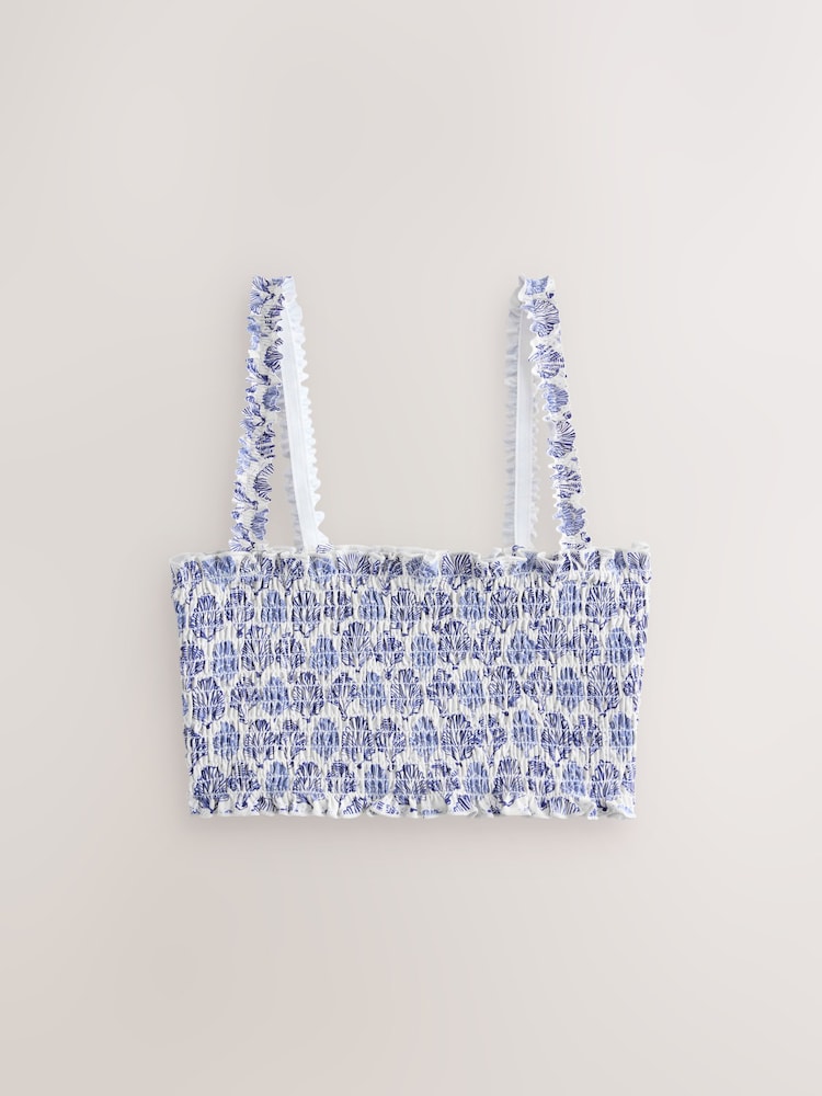 Cream/Blue Shell Shirred Bandeau Bikini Top - Image 1 of 4