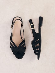 Friends Like These Black Faux Suede Standard Fit Multi Strap Peep Toe Slingback Flat Ballerina Shoes - Image 6 of 8