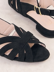Friends Like These Black Faux Suede Standard Fit Multi Strap Peep Toe Slingback Flat Ballerina Shoes - Image 7 of 8
