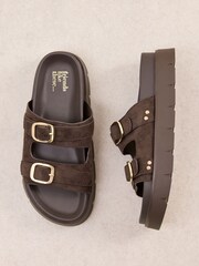 Friends Like These Chocolate Brown Faux Suede Double Buckle Chunky Footbed Summer Sandals - Image 1 of 5
