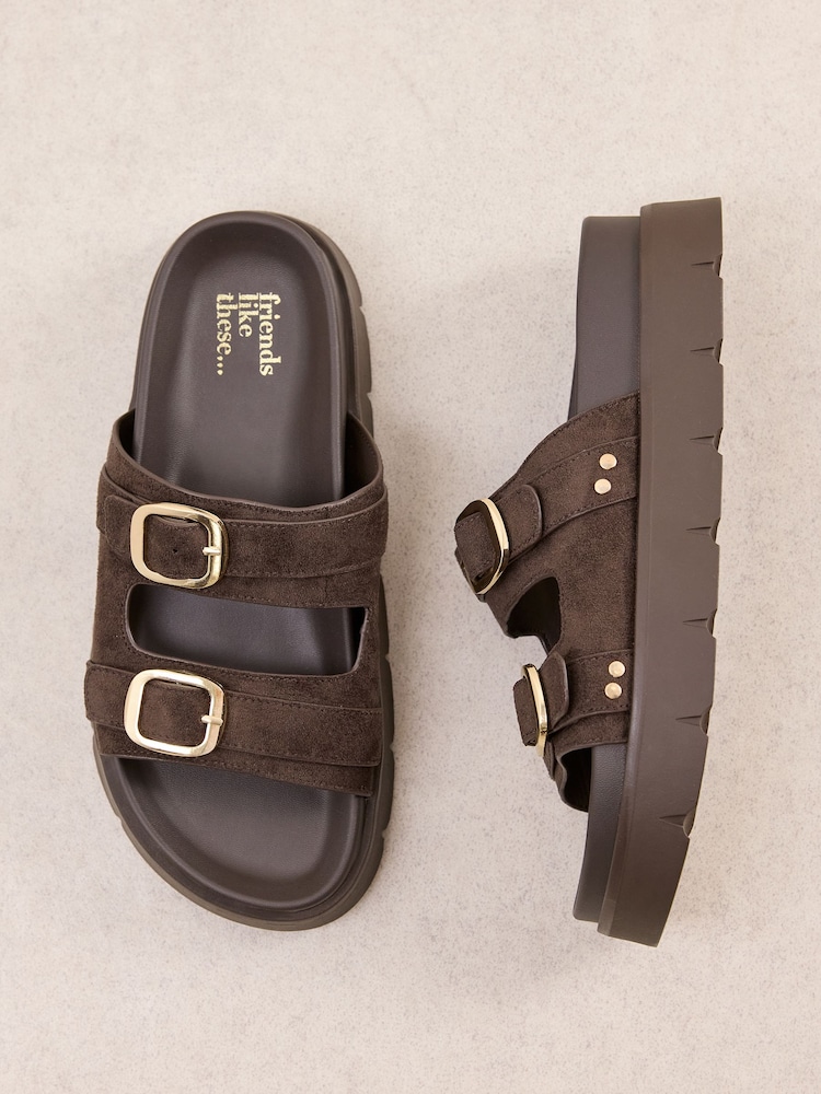 Friends Like These Chocolate Brown Faux Suede Double Buckle Chunky Footbed Summer Sandals - Image 1 of 5