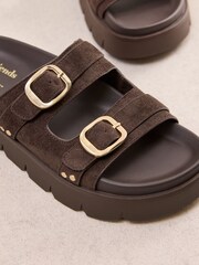 Friends Like These Chocolate Brown Faux Suede Double Buckle Chunky Footbed Summer Sandals - Image 2 of 5