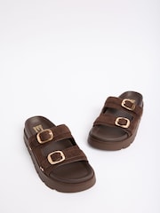 Friends Like These Chocolate Brown Faux Suede Double Buckle Chunky Footbed Summer Sandals - Image 3 of 5