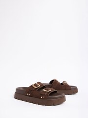 Friends Like These Chocolate Brown Faux Suede Double Buckle Chunky Footbed Summer Sandals - Image 4 of 5