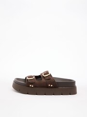 Friends Like These Chocolate Brown Faux Suede Double Buckle Chunky Footbed Summer Sandals - Image 5 of 5
