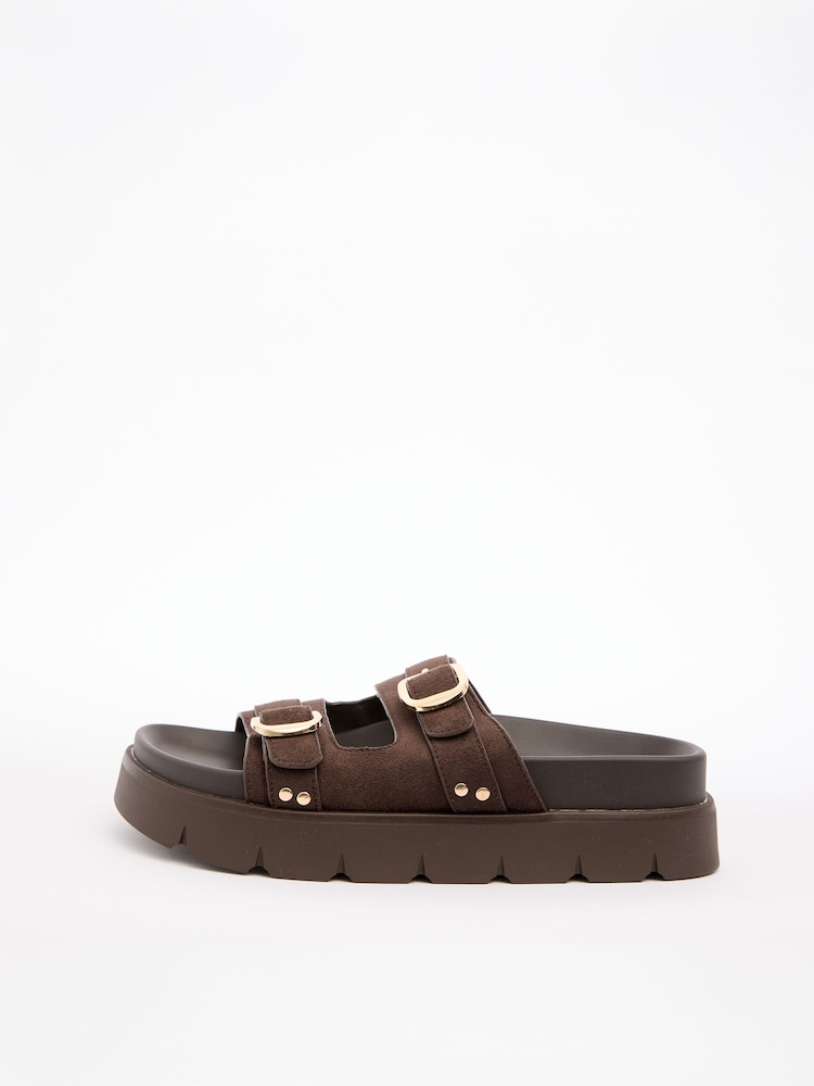 Friends Like These Chocolate Brown Faux Suede Double Buckle Chunky Footbed Summer Sandals - Image 5 of 5