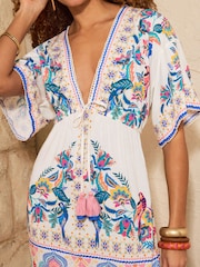 Love & Roses Ivory Tropical Parrot Print Kaftan Cover-Up Dress - Image 2 of 4