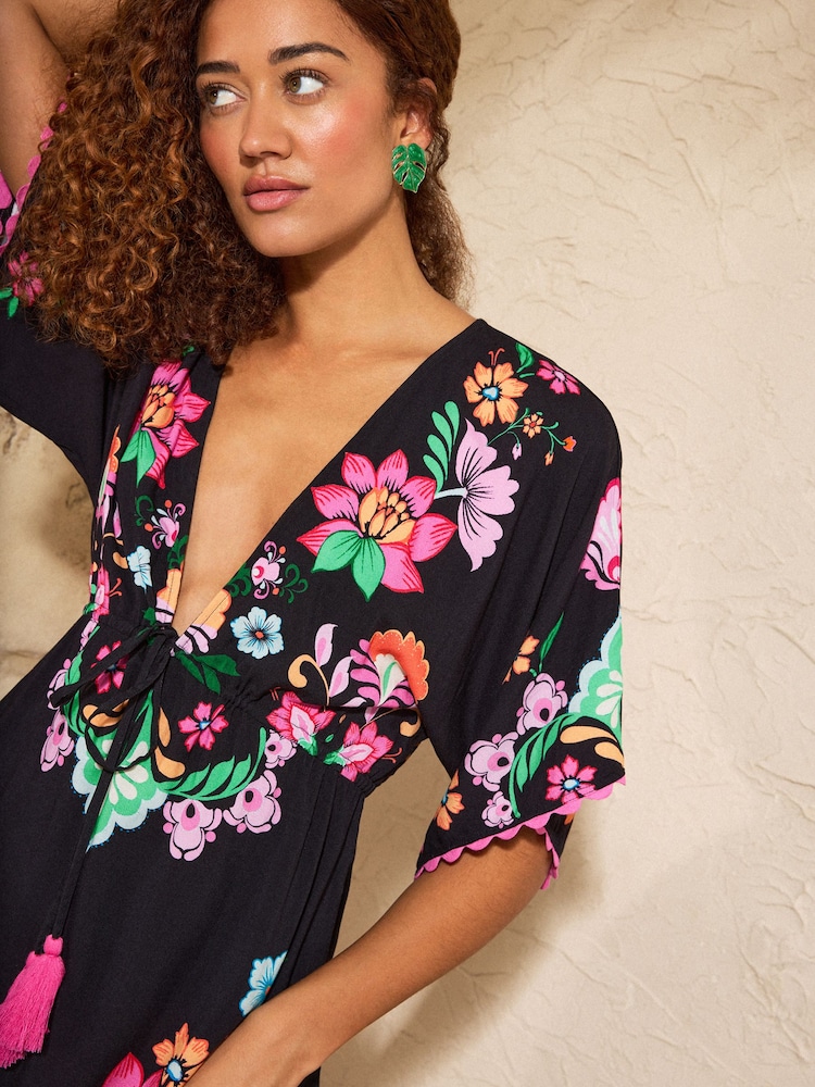 Love & Roses Black Floral Print Mini Kaftan - Image 2 of 4