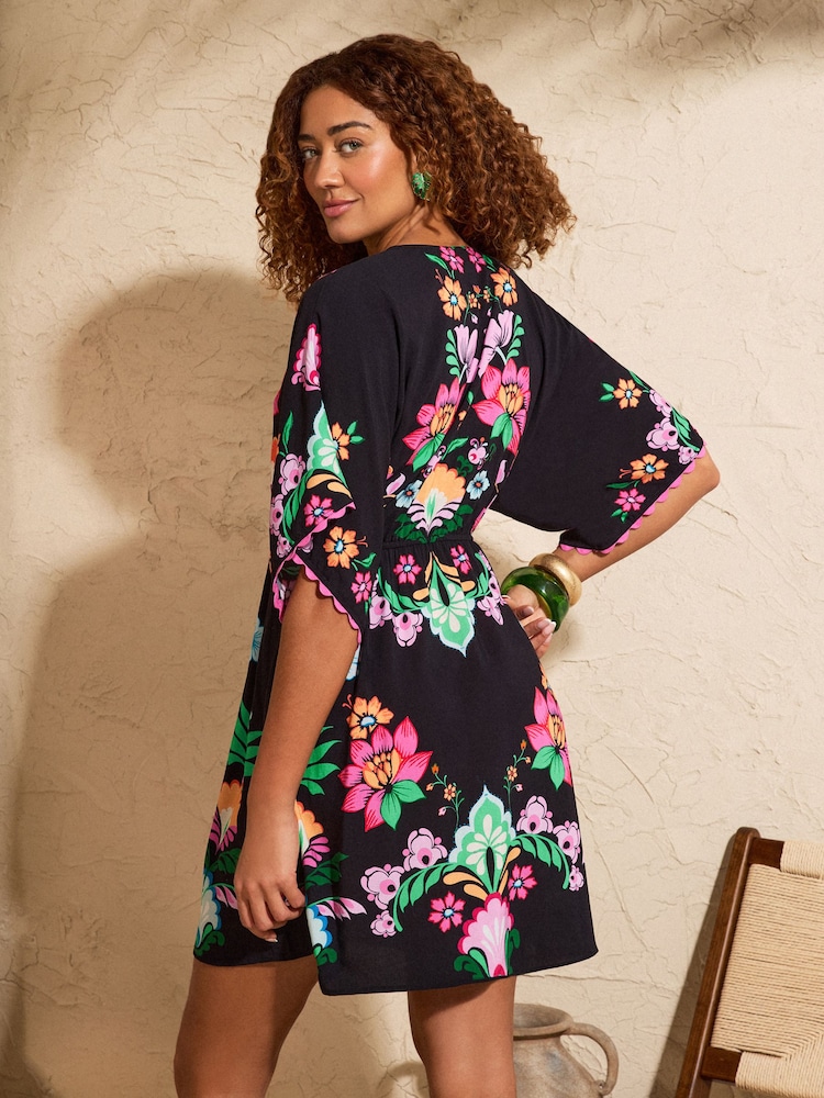 Love & Roses Black Floral Print Mini Kaftan - Image 4 of 4