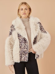 Yumi Brown Fur Biker Jacket With Leopard Print - Image 1 of 5