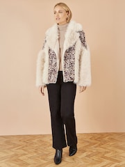 Yumi Brown Fur Biker Jacket With Leopard Print - Image 2 of 5