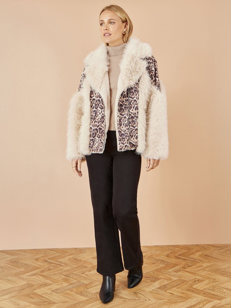 Yumi Brown Fur Biker Jacket With Leopard Print - Image 2 of 5
