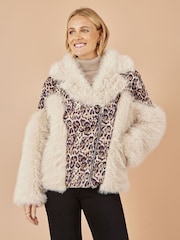 Yumi Brown Fur Biker Jacket With Leopard Print - Image 4 of 5