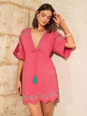 Love & Roses Pink Mirror Trim Embroidered Mini Kaftan - Image 2 of 4