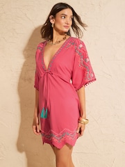 Love & Roses Pink Mirror Trim Embroidered Mini Kaftan - Image 3 of 4
