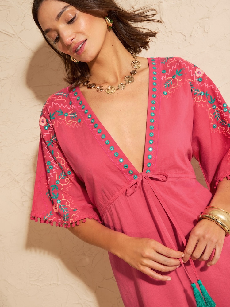Love & Roses Pink Mirror Trim Embroidered Mini Kaftan - Image 4 of 4