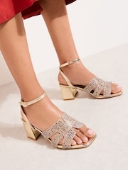 Friends Like These Gold Faux Leather Diamante Hotfix Mid Block Heeled Sandals - Image 1 of 5
