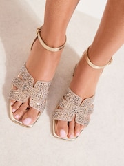 Friends Like These Gold Faux Leather Diamante Hotfix Mid Block Heeled Sandals - Image 2 of 5