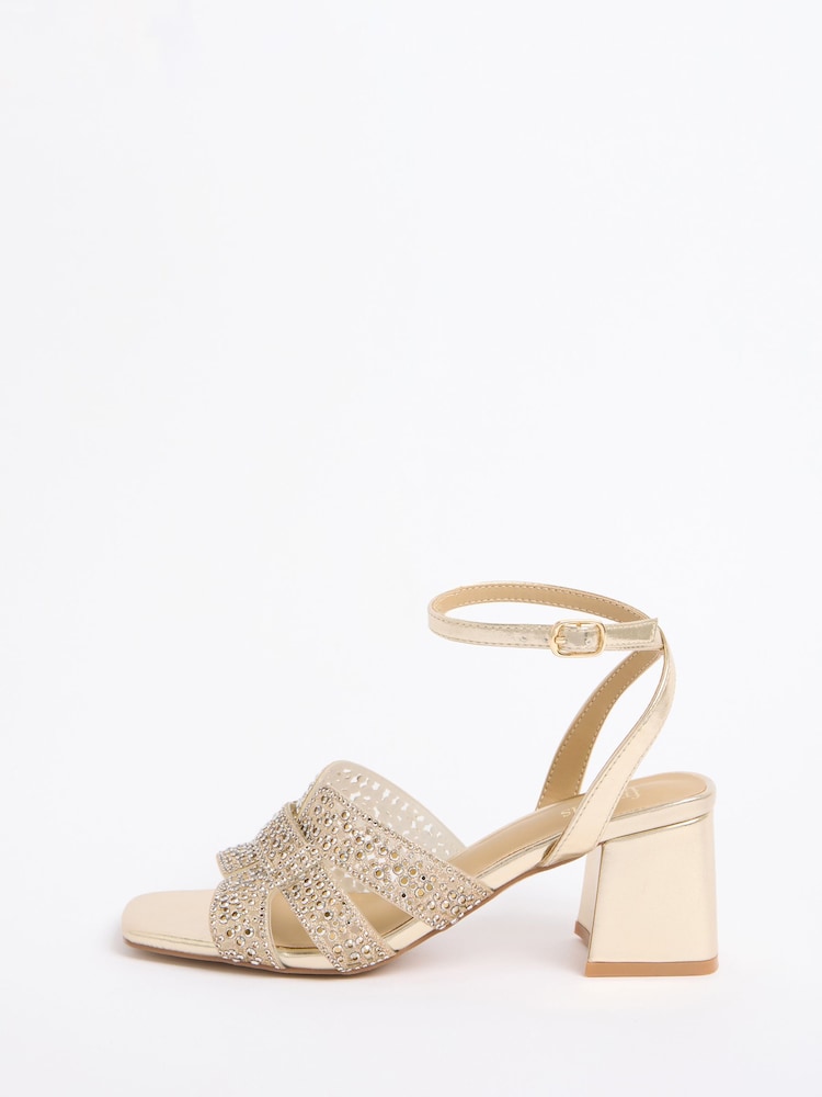 Friends Like These Gold Faux Leather Diamante Hotfix Mid Block Heeled Sandals - Image 5 of 5 Friends Like These Gold Faux Leather Diamante Hotfix Mid Block Heeled Sandals - Image 5 of 5