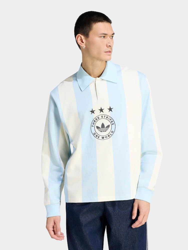 adidas Originals Blue/Ecru LS Striped Polo - Image 1 of 6