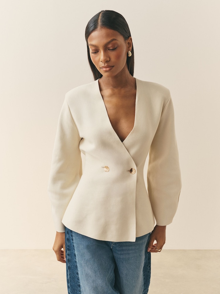 Nothing Ordinary Stone Compact Knit Sculpted Long Sleeve Knitted Jacket - Image 1 of 5 Nothing Ordinary Stone Compact Knit Sculpted Long Sleeve Knitted Jacket - Image 1 of 5