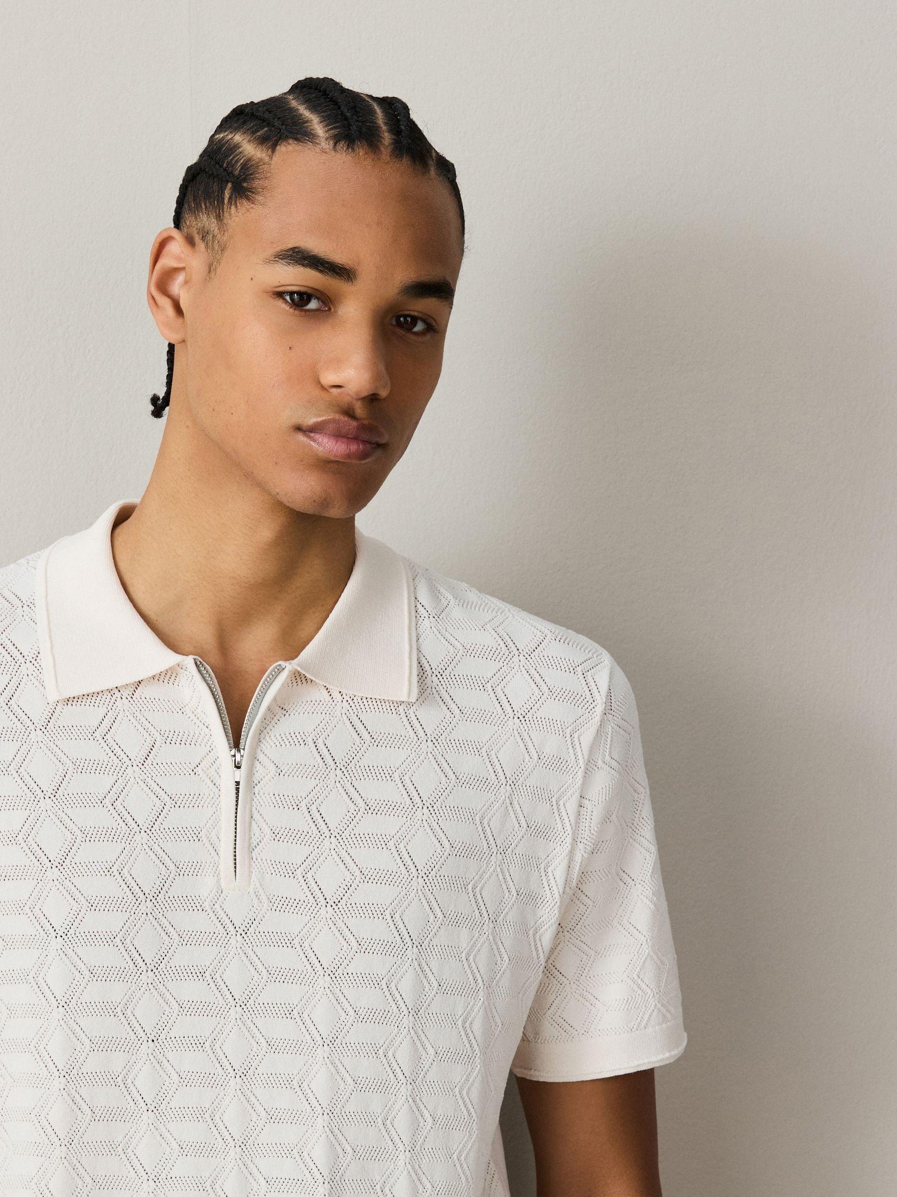 Buy White Pointelle Knit Quarter Zip Neck Polo Shirt from Next USA