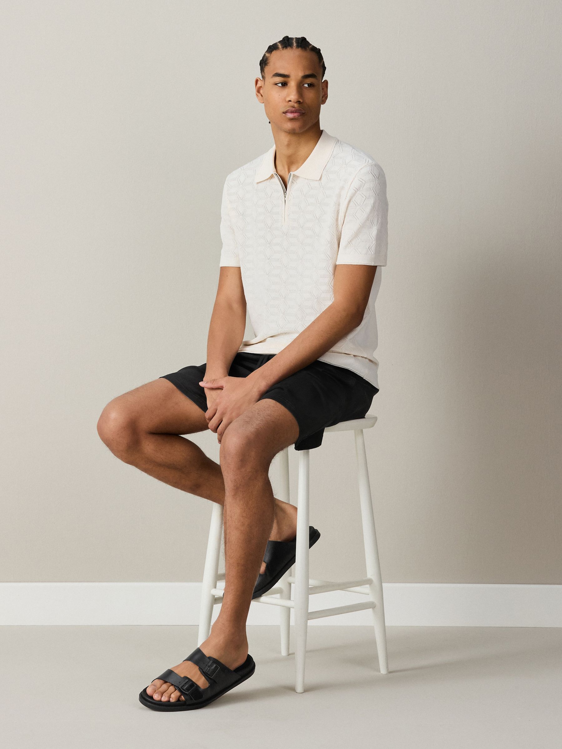 Buy White Pointelle Knit Quarter Zip Neck Polo Shirt from Next USA