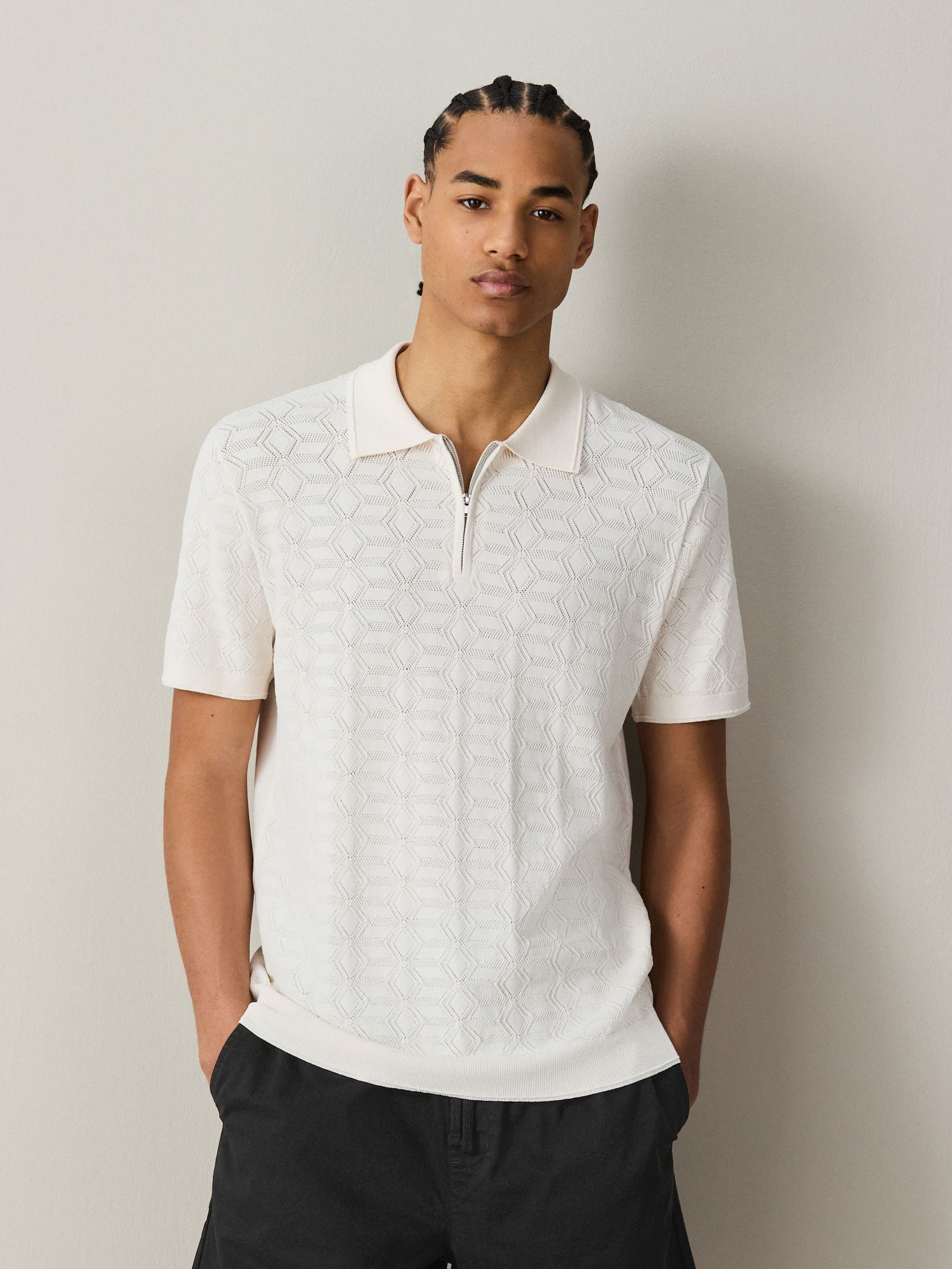 Buy White N. Premium Pointelle Knit Quarter Zip Neck Polo Shirt