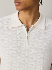 White Pointelle Knit Quarter Zip Neck Polo Shirt - Image 5 of 8