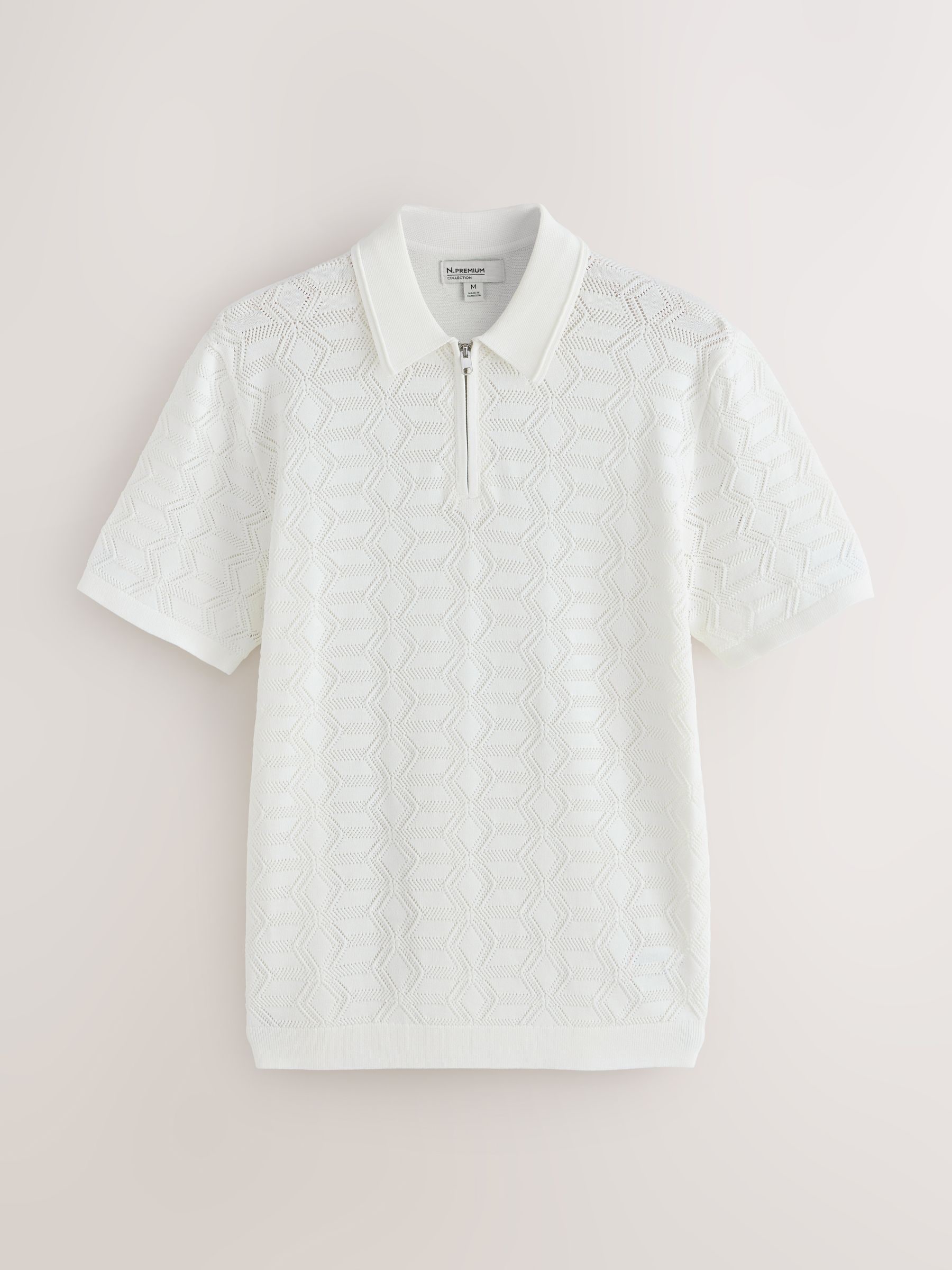 Buy White N. Premium Pointelle Knit Quarter Zip Neck Polo Shirt