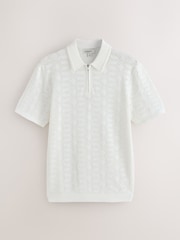 White Pointelle Knit Quarter Zip Neck Polo Shirt - Image 6 of 8