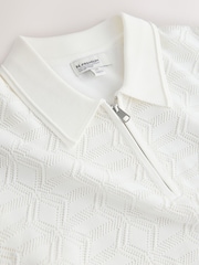 White Pointelle Knit Quarter Zip Neck Polo Shirt - Image 7 of 8
