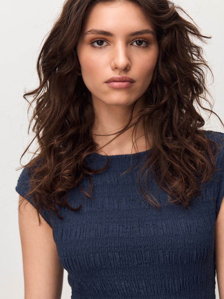 Navy Short Sleeve Textured Crew Neck Top - Image 1 of 7 Navy Short Sleeve Textured Crew Neck Top - Image 1 of 7