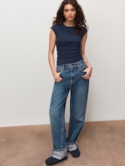 Navy Short Sleeve Textured Crew Neck Top - Image 2 of 7