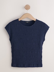 Navy Short Sleeve Textured Crew Neck Top - Image 6 of 7