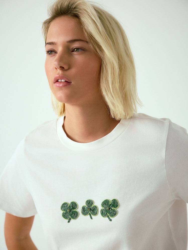 White Embellished Clover Short Sleeve T-Shirt - Image 1 of 4 White Embellished Clover Short Sleeve T-Shirt - Image 1 of 4
