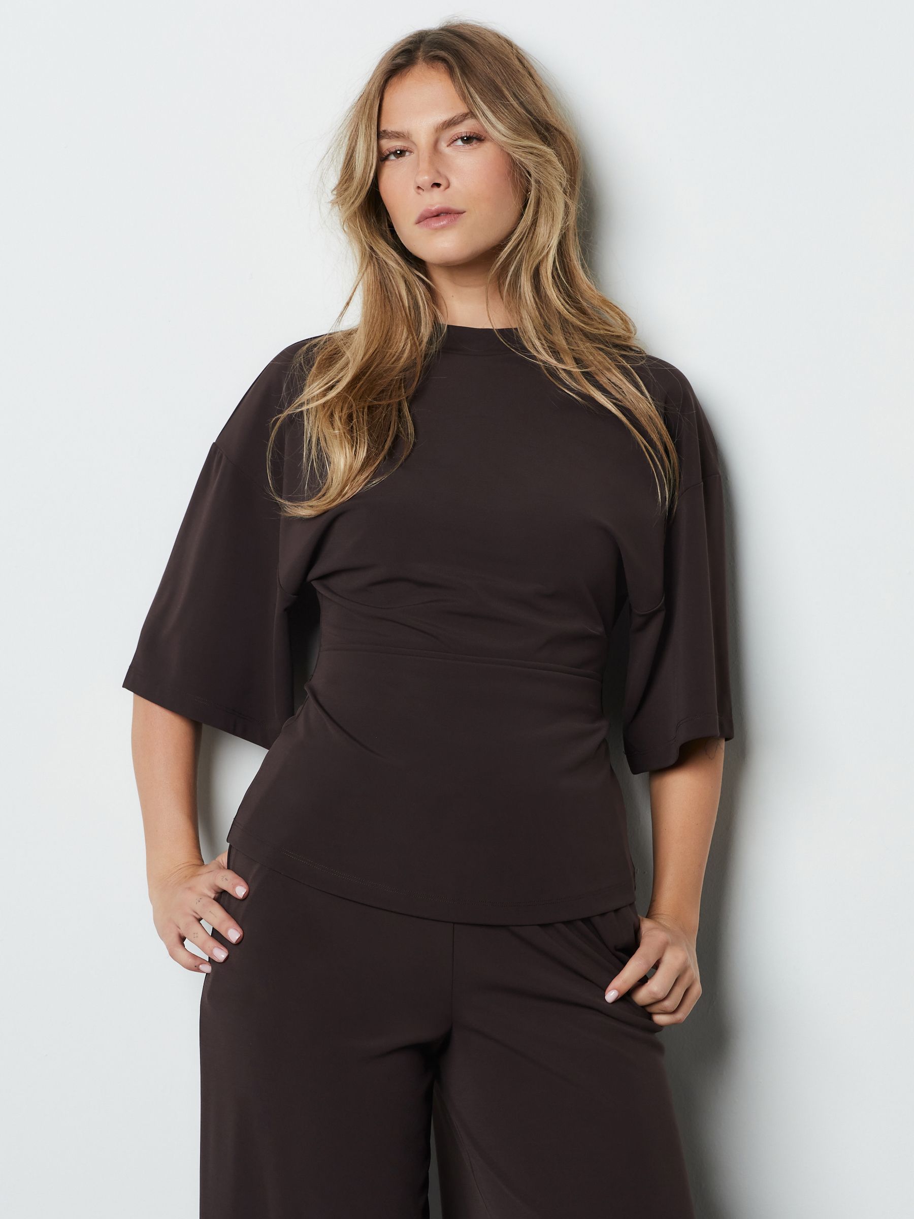 Buy Chocolate Brown Drape Cinched Waist Half Sleeve Top from Next
